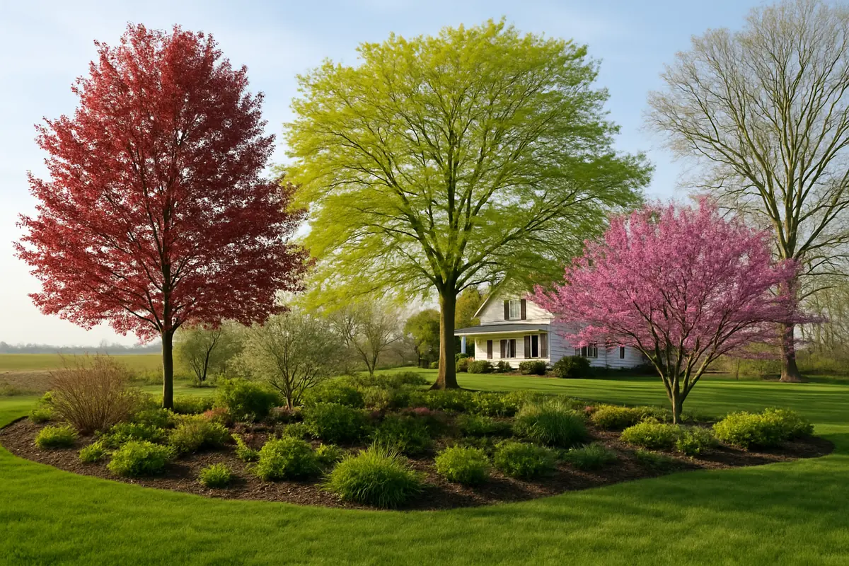 A home yard in rural Indiana, with flat fields, a farmhouse and hardwood trees, planted with red maple, Kentucky coffeetree and eastern redbud