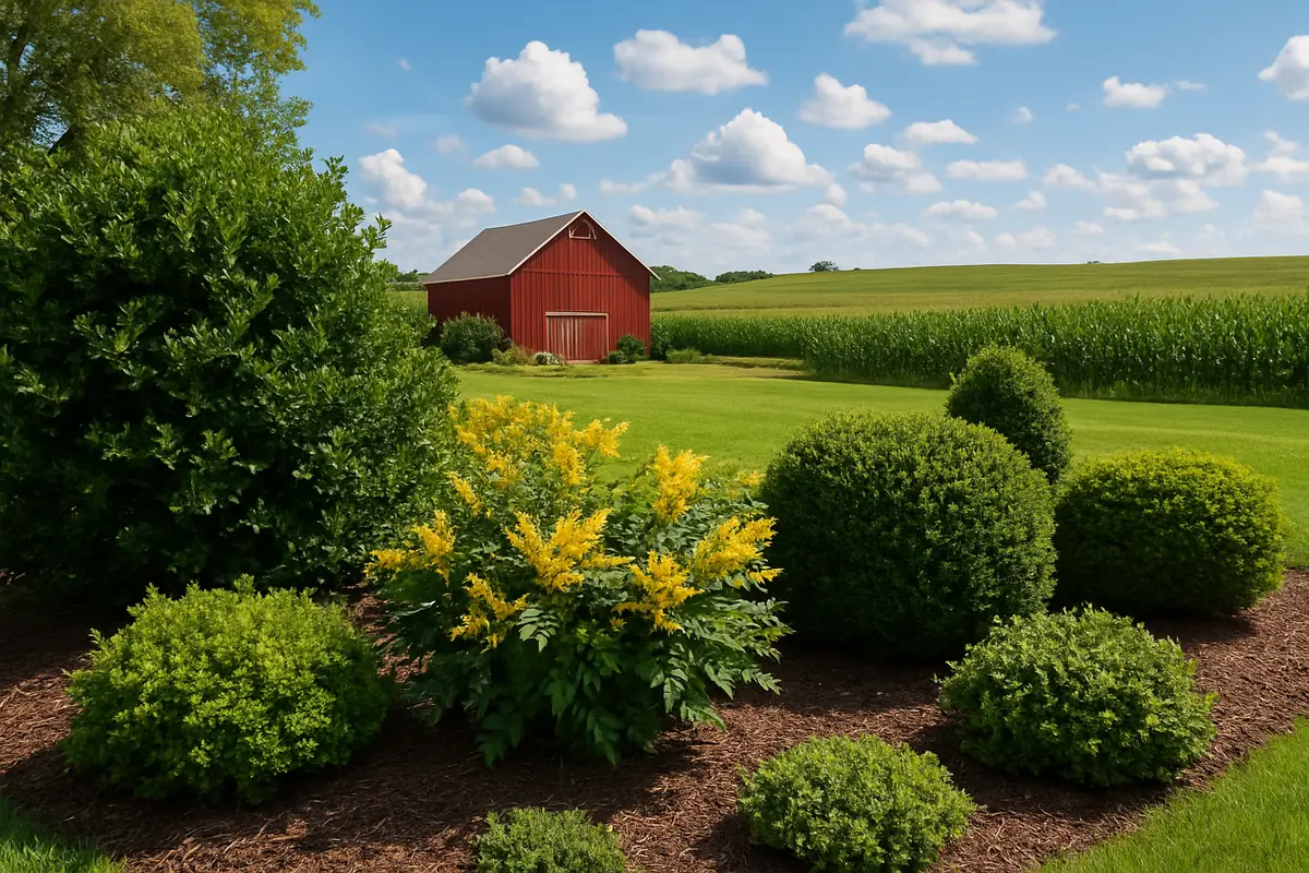 A home yard in rural Iowa, with rolling cornfields, a red barn and big sky, planted with Meserve hybrid holly, Oregon grapeholly and hybrid boxwood