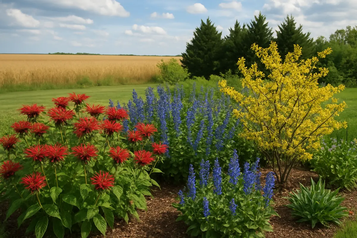 A home yard in the Kansas plains, with wheat fields, a windbreak of cedars and big sky, planted with bee balm, witch hazel and blue false indigo