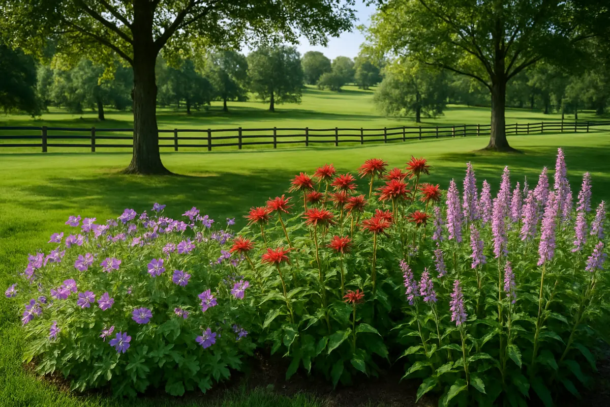 A home yard in the Kentucky Bluegrass, with rolling pastures, board fences and hardwoods, planted with wild geranium, bee balm and obedient plant