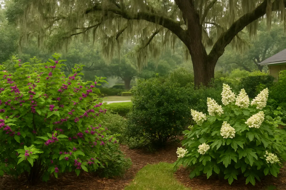 A home yard in south Louisiana, with live oaks, Spanish moss and humid haze, planted with American beautyberry, yaupon holly and oakleaf hydrangea
