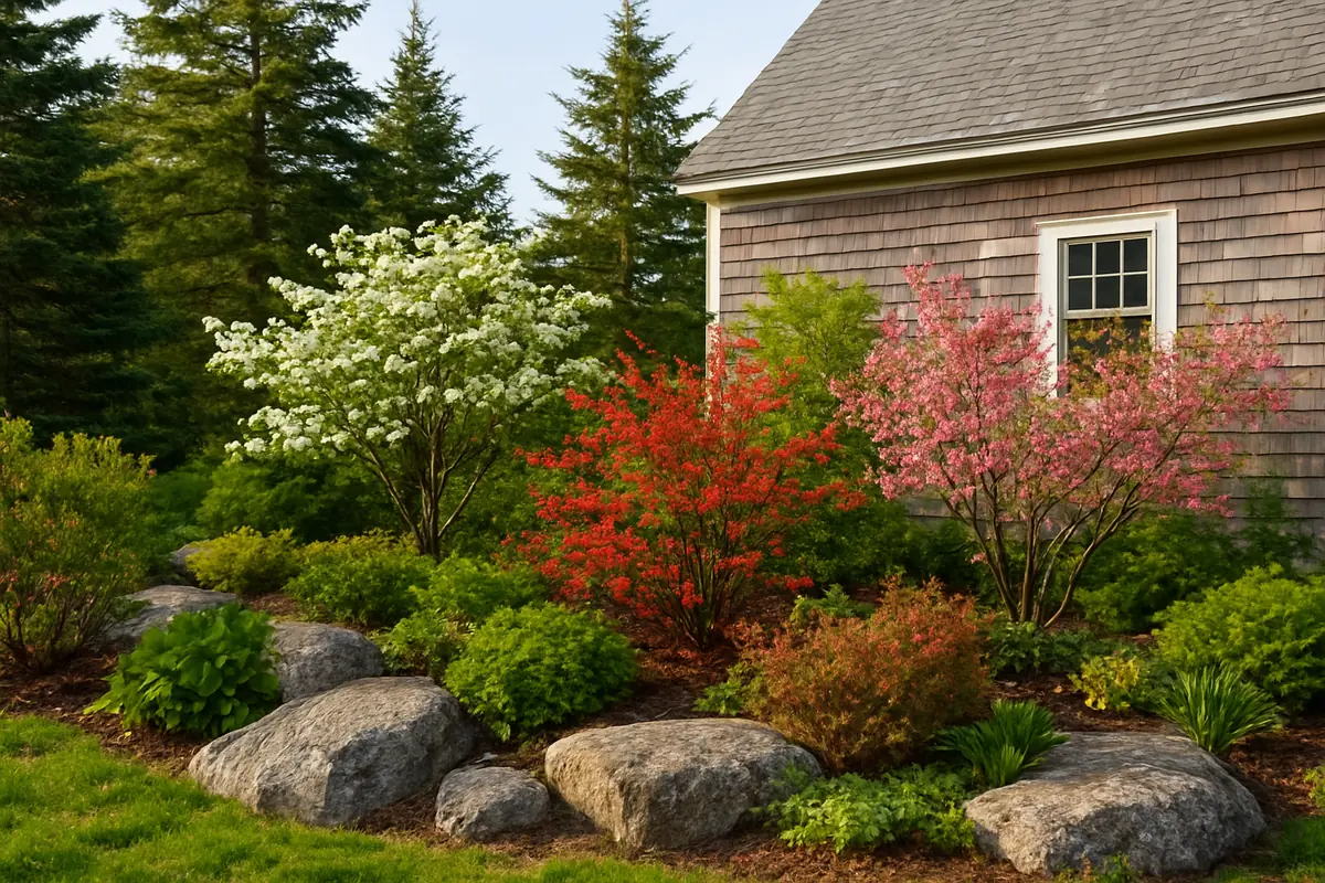 A home yard in coastal Maine, with spruce and fir trees, granite rocks and a cedar-shingled house, planted with pagoda dogwood, winterberry and shadblow serviceberry