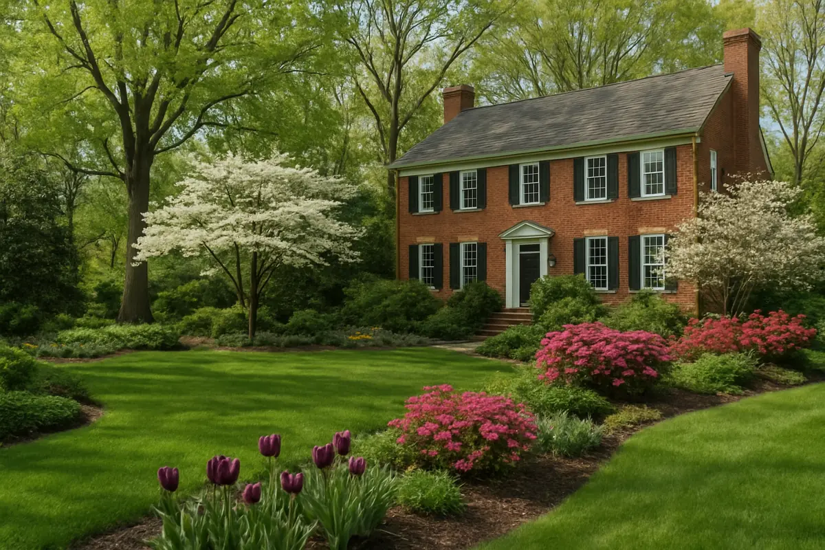 A home yard in the Maryland Piedmont, with tulip poplars, oaks and a brick colonial house, planted with white oak, serviceberry and flowering dogwood
