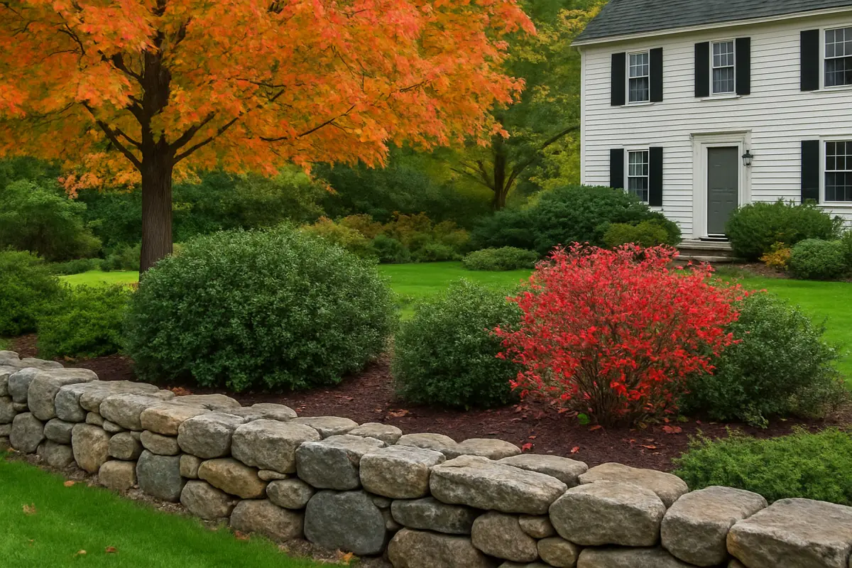 A home yard in New England, with a fieldstone wall, maples and a colonial house, planted with northern bayberry, inkberry and winterberry