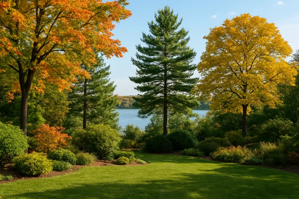 A home yard in the Great Lakes region, with maples, white pines and a lake glinting in the distance, planted with white oak, bur oak and eastern white pine