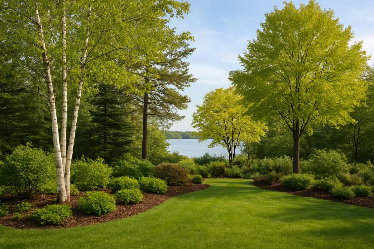 A home yard in northern Minnesota, with birches, pines and a lake in the distance, planted with serviceberry, heritage river birch and shagbark hickory
