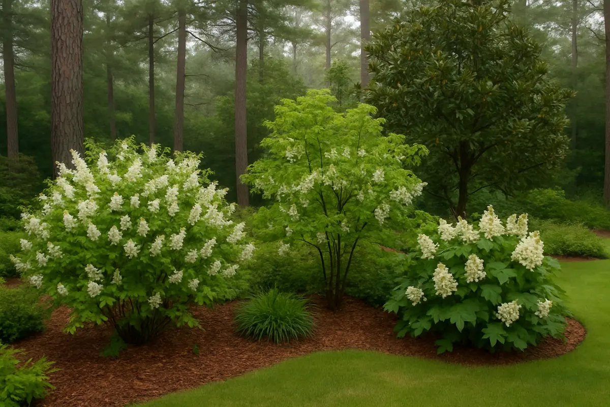 A home yard in the Mississippi countryside, with pines, magnolias and humid haze, planted with witch alder, fringe tree and oakleaf hydrangea