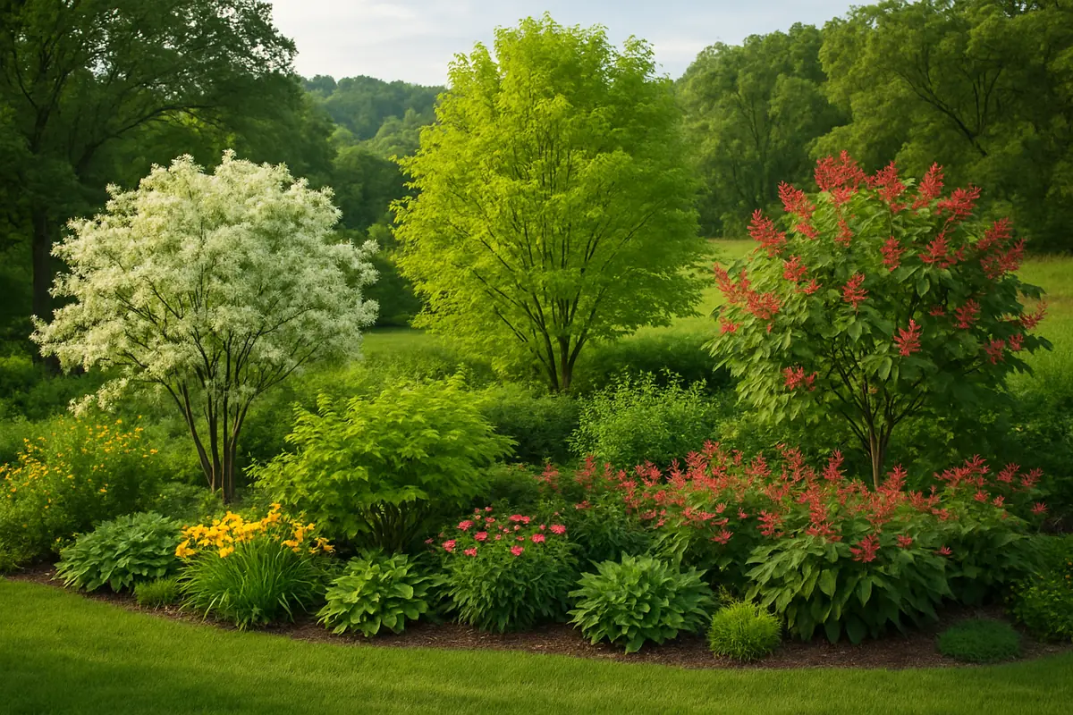 A home yard in the Missouri countryside, with oak-hickory woods and rolling hills, planted with katsuratree, white fringetree and red buckeye