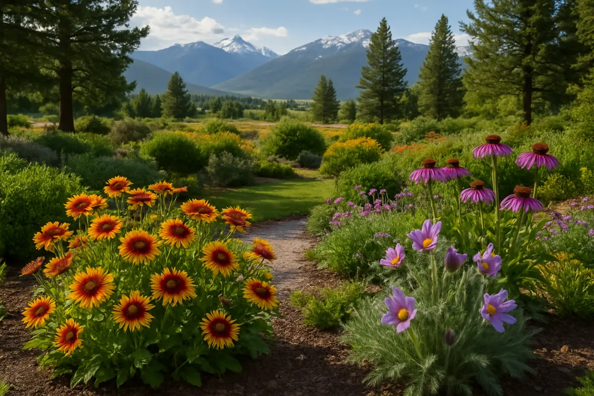 A home yard in western Montana, with wide valleys, pines and snow-dusted mountains, planted with blanketflower, narrowleaf purple coneflower and pasqueflower
