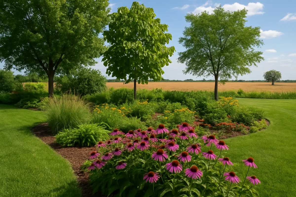 A home yard in the Nebraska plains, with farm fields, cottonwoods and big sky, planted with northern catalpa, black walnut and purple coneflower