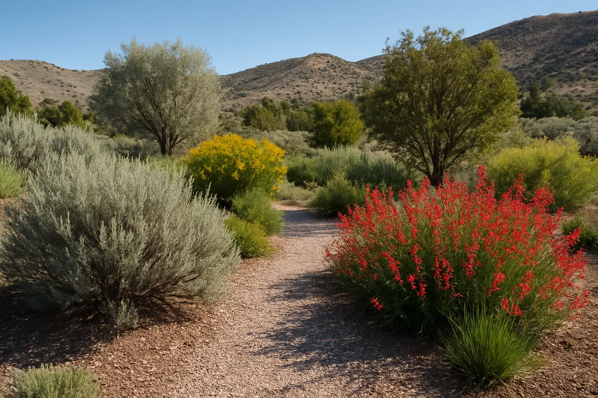 A home yard in the high desert of northern Nevada, with sagebrush and dry mountains, planted with curlleaf mountain mahogany, cliffrose and firecracker penstemon