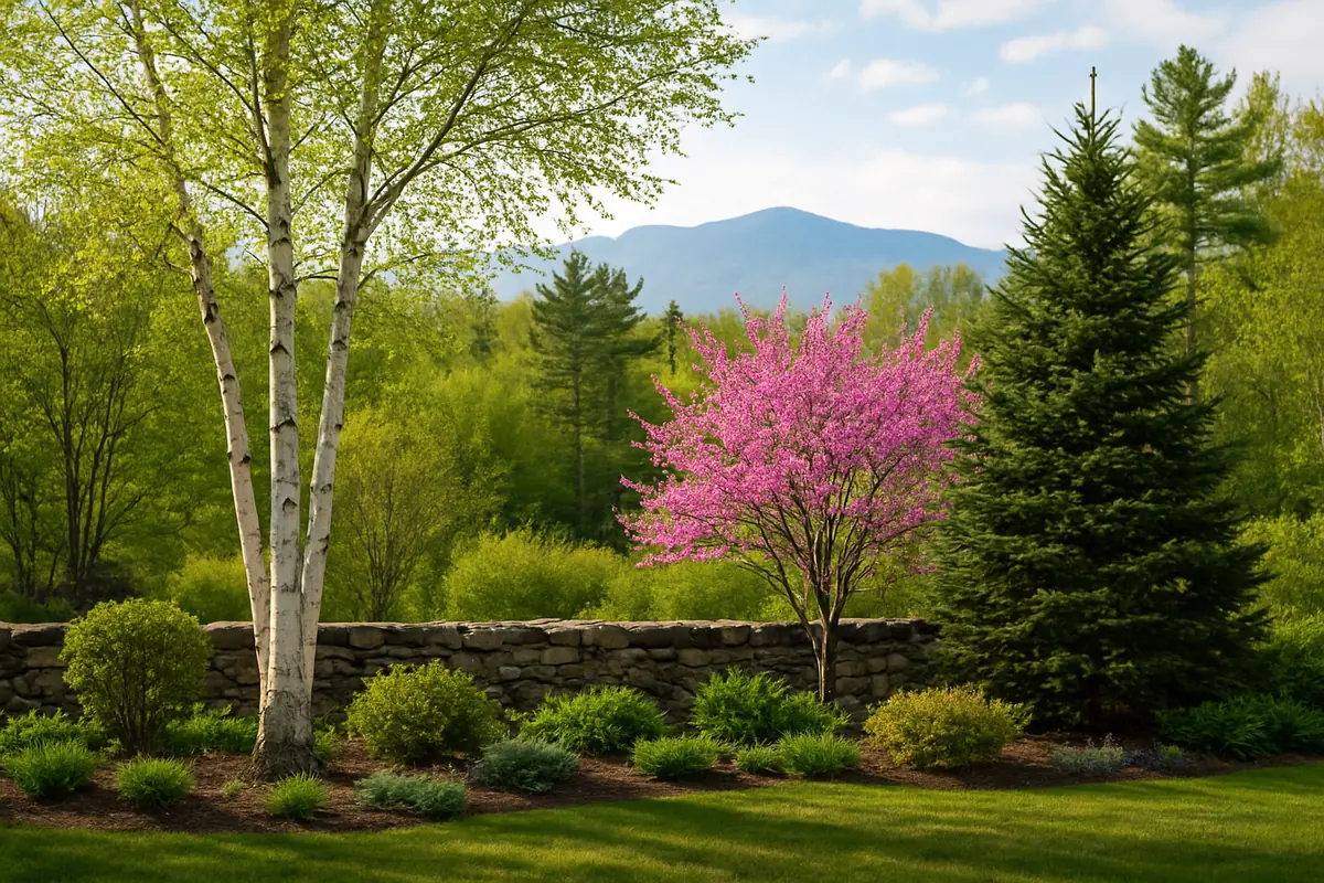 A home yard in New Hampshire, with birches, pines, a stone wall and the White Mountains beyond, planted with river birch, eastern redbud and Black Hills spruce