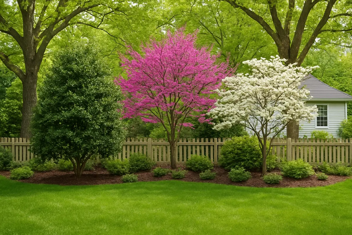 A home yard in a New Jersey suburban backyard, with oaks, a picket fence and lush lawn, planted with American holly, eastern redbud and flowering dogwood