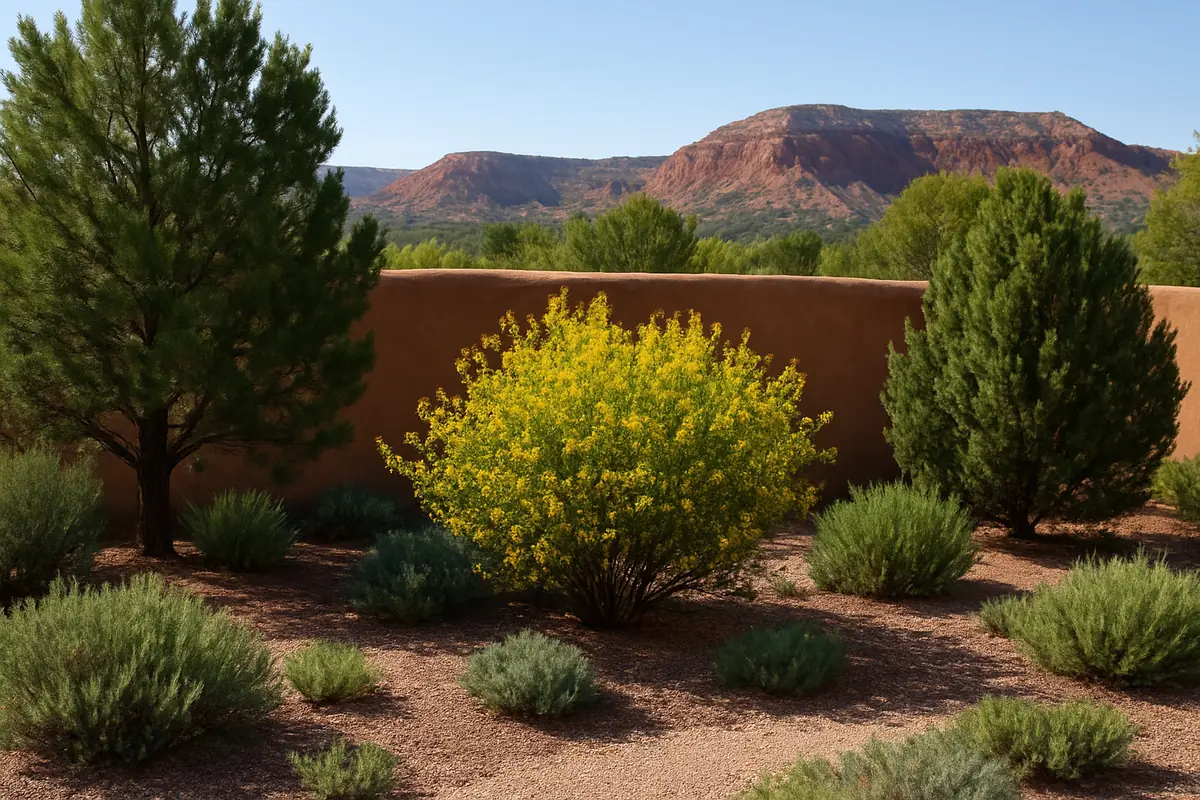 A home yard in northern New Mexico, with an adobe wall, pinon and juniper and red mesas, planted with pinon pine, New Mexico olive and one-seed juniper