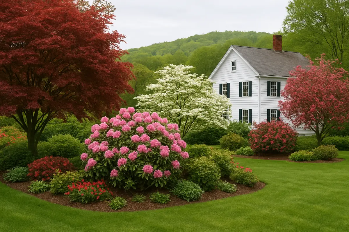 A home yard in upstate New York, with maples, rolling hills and a farmhouse, planted with rosebay rhododendron, flowering dogwood and crabapple