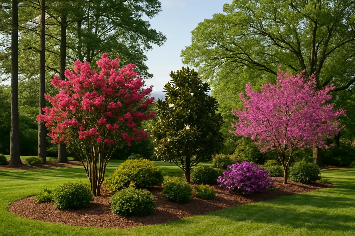 A home yard in the North Carolina Piedmont, with pines, oaks and the Blue Ridge faint in the distance, planted with crape myrtle, southern magnolia and eastern redbud