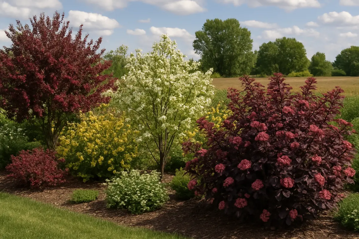 A home yard in the North Dakota prairie, with a farmstead windbreak and endless sky, planted with chokecherry, serviceberry and ninebark 'Diabolo'