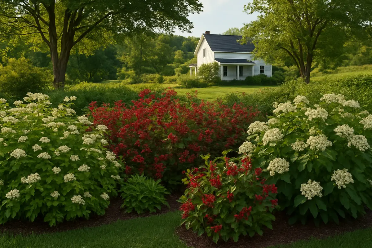 A home yard in rural Ohio, with hardwoods, a farmhouse and gentle hills, planted with ninebark, red chokeberry and blackhaw viburnum