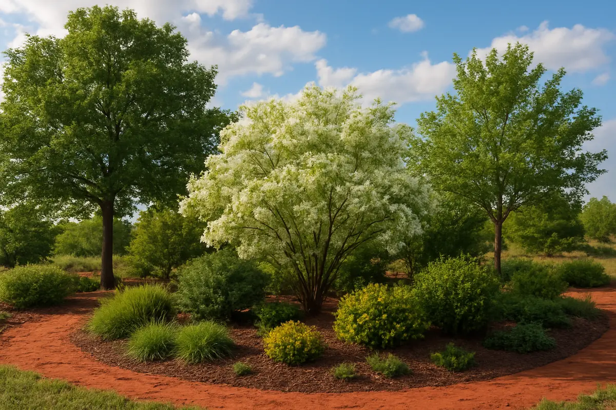 A home yard in the Oklahoma plains, with red soil, post oaks and big sky, planted with chinkapin oak, fringetree and cedar elm