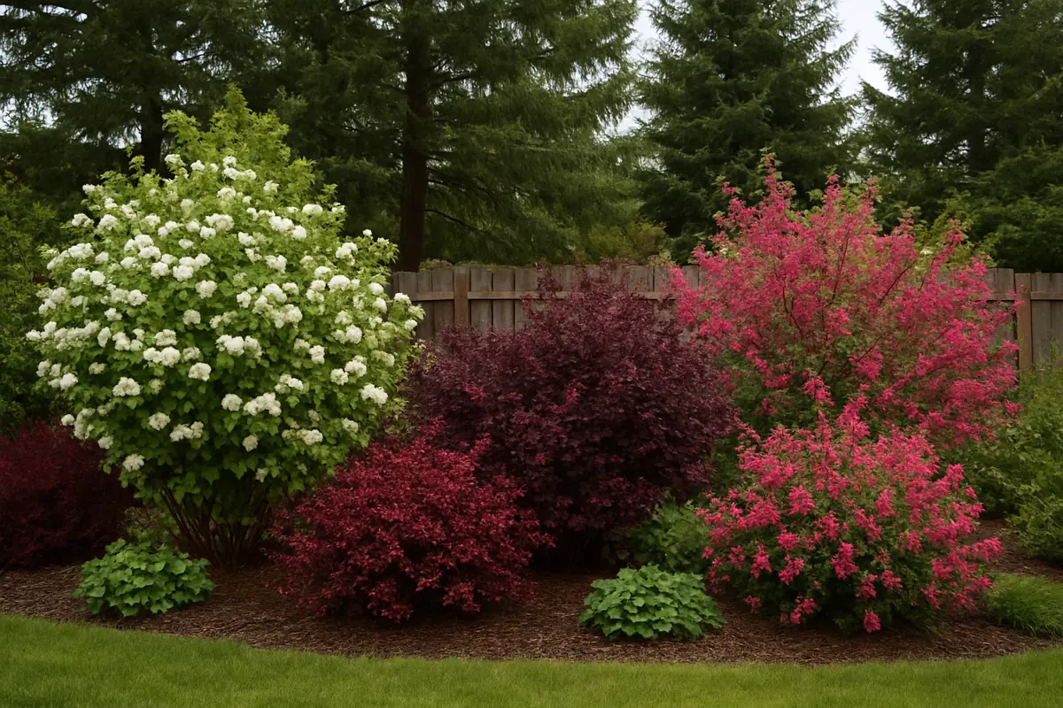 A home yard in the Willamette Valley of Oregon, with Douglas firs and soft overcast light, planted with serviceberry, ninebark 'Diablo' and flowering currant