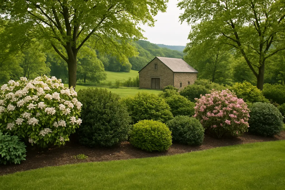A home yard in Pennsylvania farm country, with rolling hills, a stone barn and hardwoods, planted with mountain laurel, American holly and inkberry