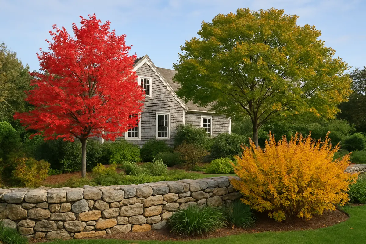 A home yard in coastal Rhode Island, with a shingled cottage, a stone wall and sea light, planted with red maple, eastern white oak and coastal sweet pepperbush