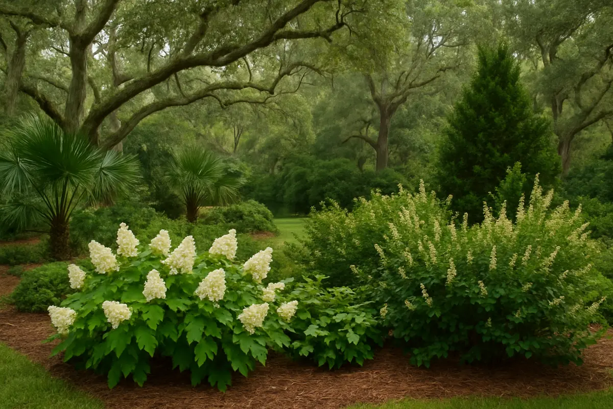 A home yard in the South Carolina Lowcountry, with live oaks, palmettos and humid haze, planted with oakleaf hydrangea, Virginia sweetspire and eastern red cedar