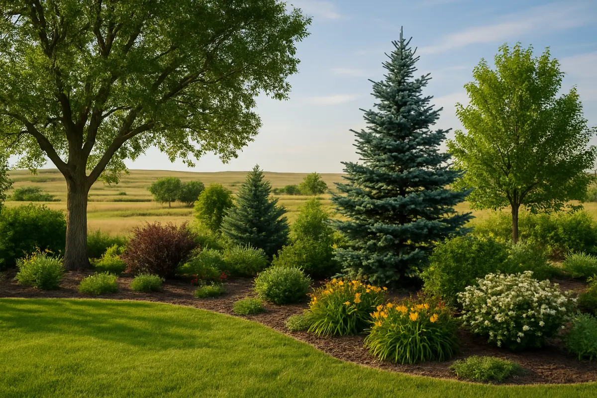 A home yard in the South Dakota plains, with rolling grassland and cottonwoods, planted with Black Hills spruce, bur oak and serviceberry