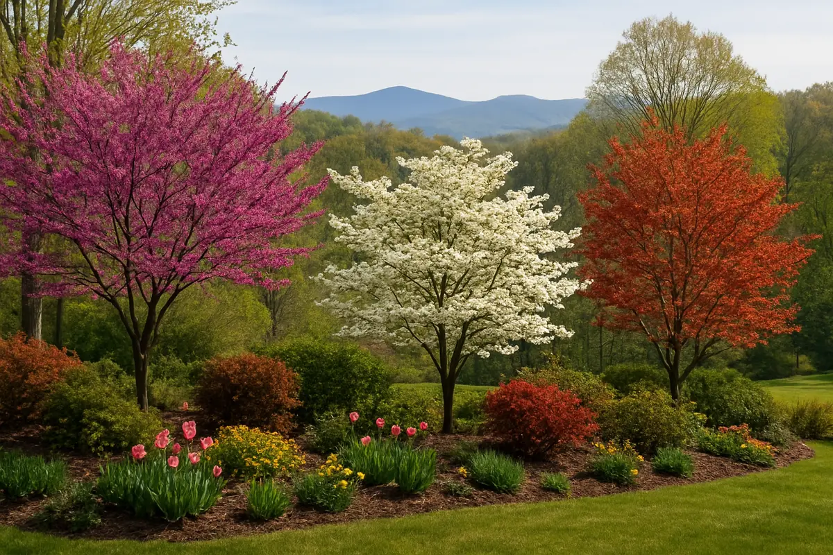 A home yard in Tennessee, with rolling hills, hardwood forests and the Smokies faint in the distance, planted with eastern redbud, flowering dogwood and serviceberry 'Autumn Brilliance'
