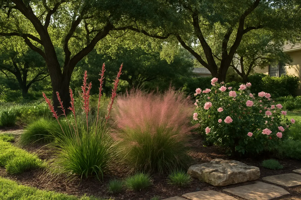 A home yard in central Texas, with live oaks, limestone and bright sun, planted with red yucca, Gulf muhly and 'Belinda's Dream' rose