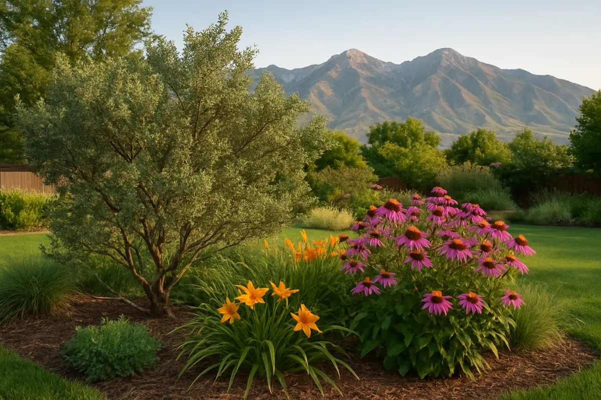 A home yard in northern Utah, with the Wasatch Mountains beyond and dry summer light, planted with curl-leaf mountain mahogany, purple coneflower and daylily