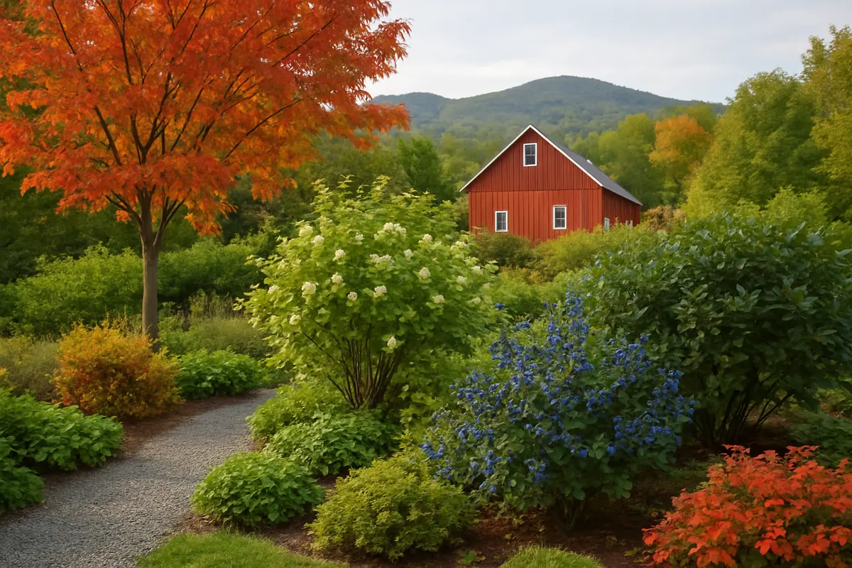 A home yard in Vermont, with maples, a red barn and green mountains, planted with serviceberry, highbush blueberry and black chokeberry
