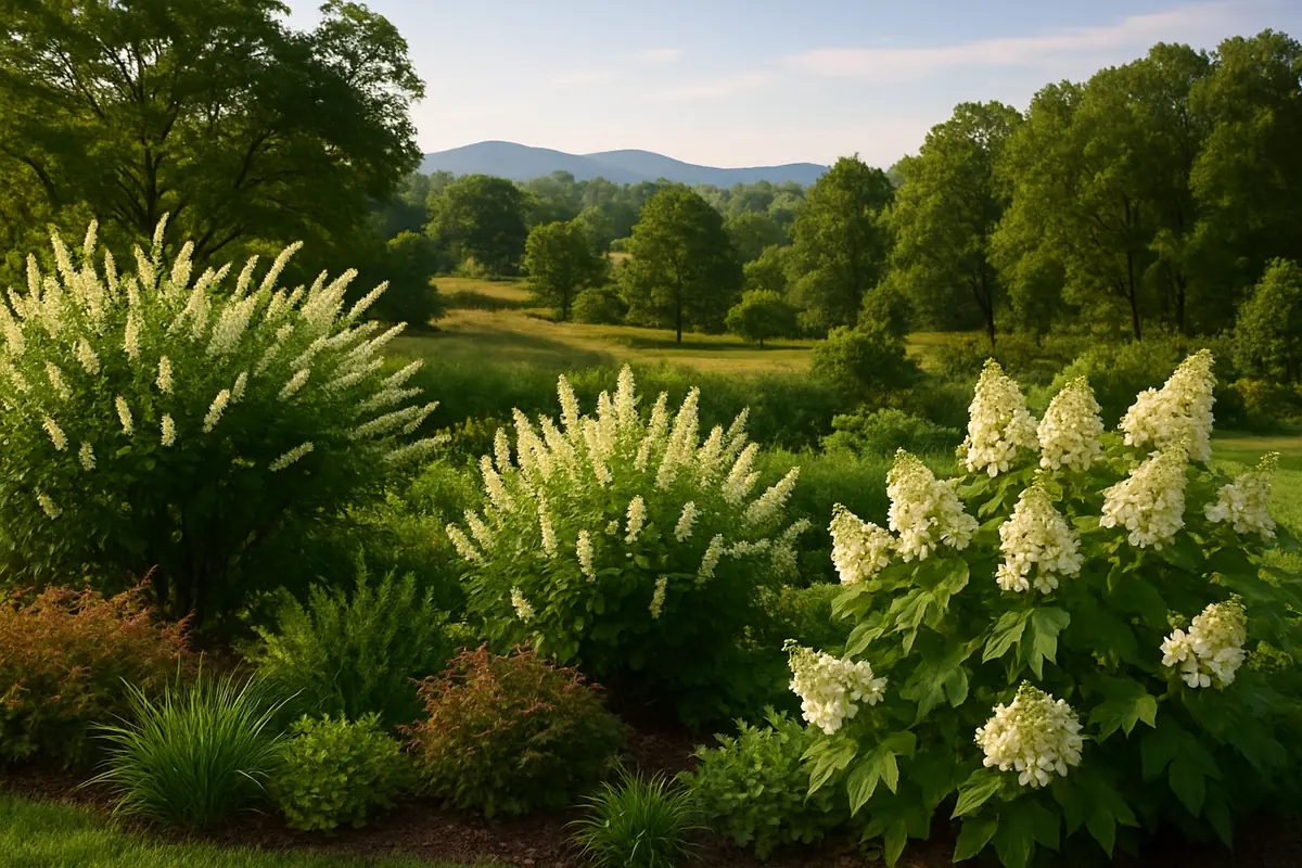 A home yard in the Virginia countryside, with rolling hills, hardwoods and the Blue Ridge in the distance, planted with Virginia sweetspire, summersweet clethra and oakleaf hydrangea