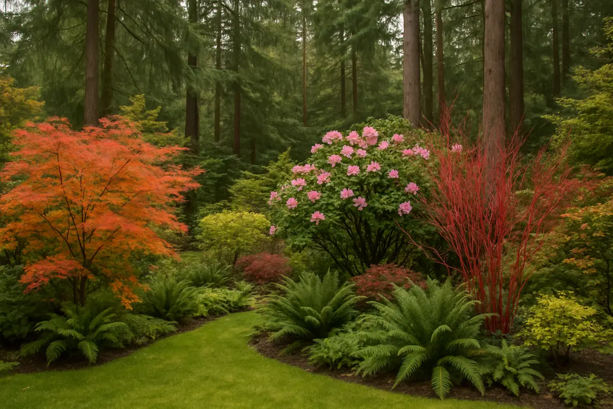 A home yard in western Washington, with tall Douglas firs, ferns and soft grey light, planted with vine maple, redtwig dogwood and Pacific rhododendron