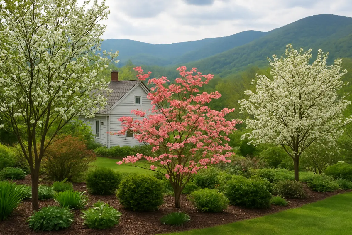 A home yard in the West Virginia mountains, with forested ridges and a small farmhouse, planted with serviceberry, flowering dogwood and American plum