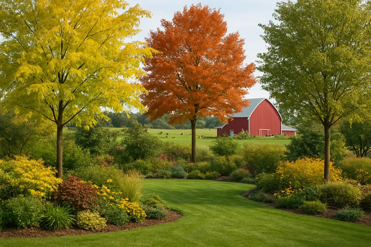 A home yard in rural Wisconsin, with dairy farmland, a red barn and maples, planted with Kentucky coffeetree, swamp white oak and common hackberry