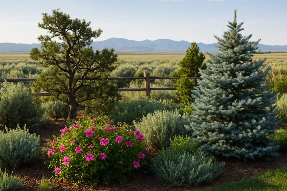 A home yard in Wyoming, with sagebrush plains, a log fence and distant mountains, planted with Rocky Mountain juniper 'Wichita Blue', bristlecone pine and Wood's rose