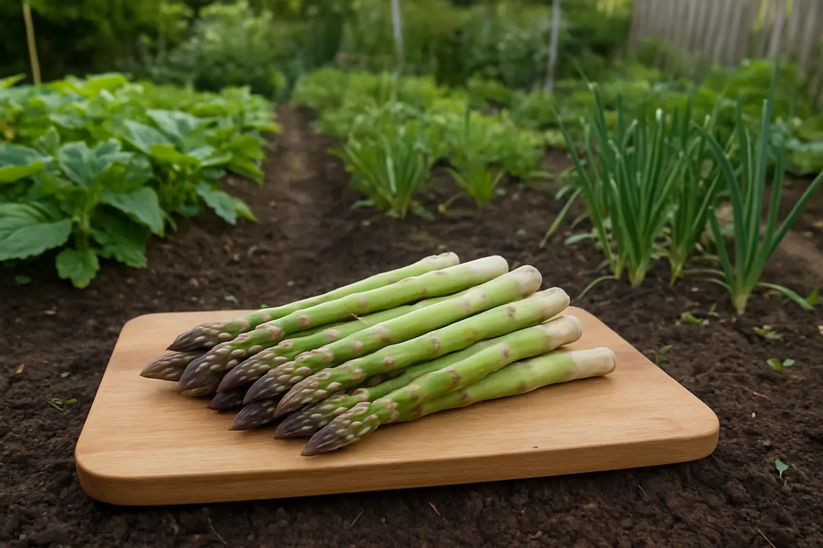 A bunch of freshly cut asparagus spears on a wooden board