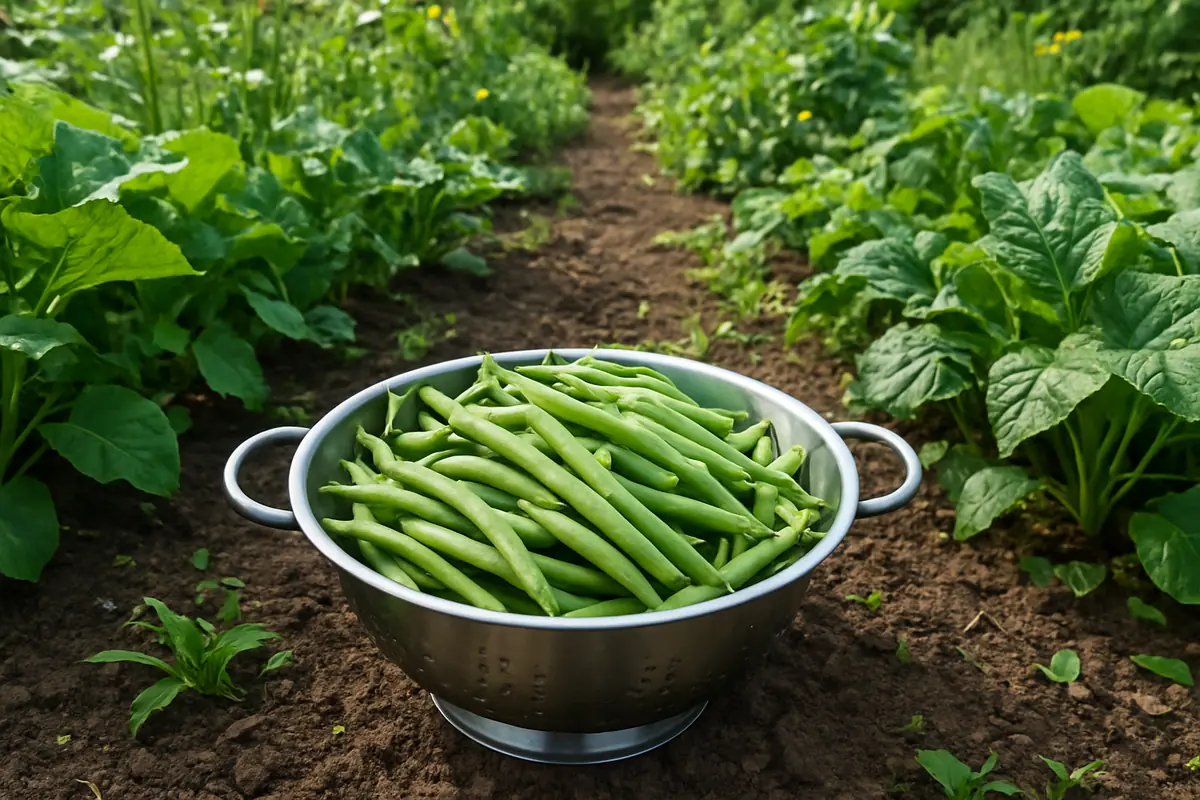 A colander of freshly picked green beans