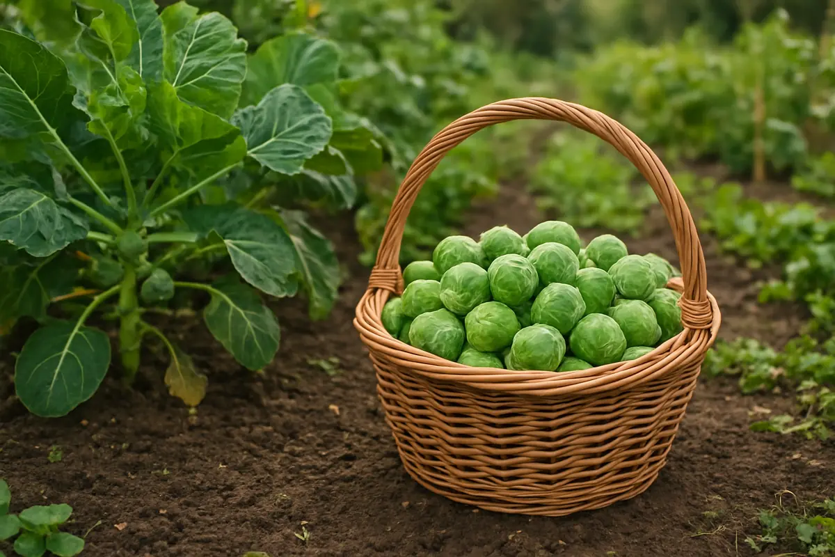 A basket of freshly picked Brussels sprouts