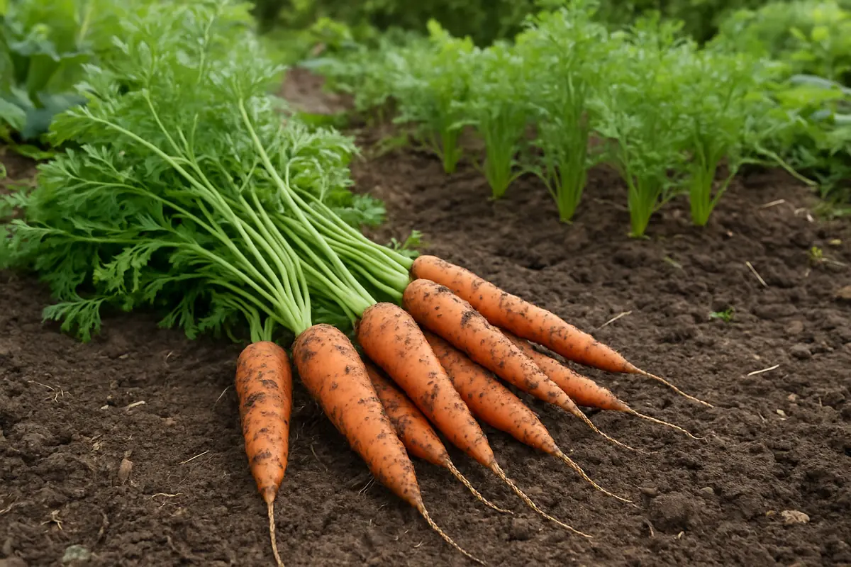 Freshly pulled carrots with soil still on them lying beside the row