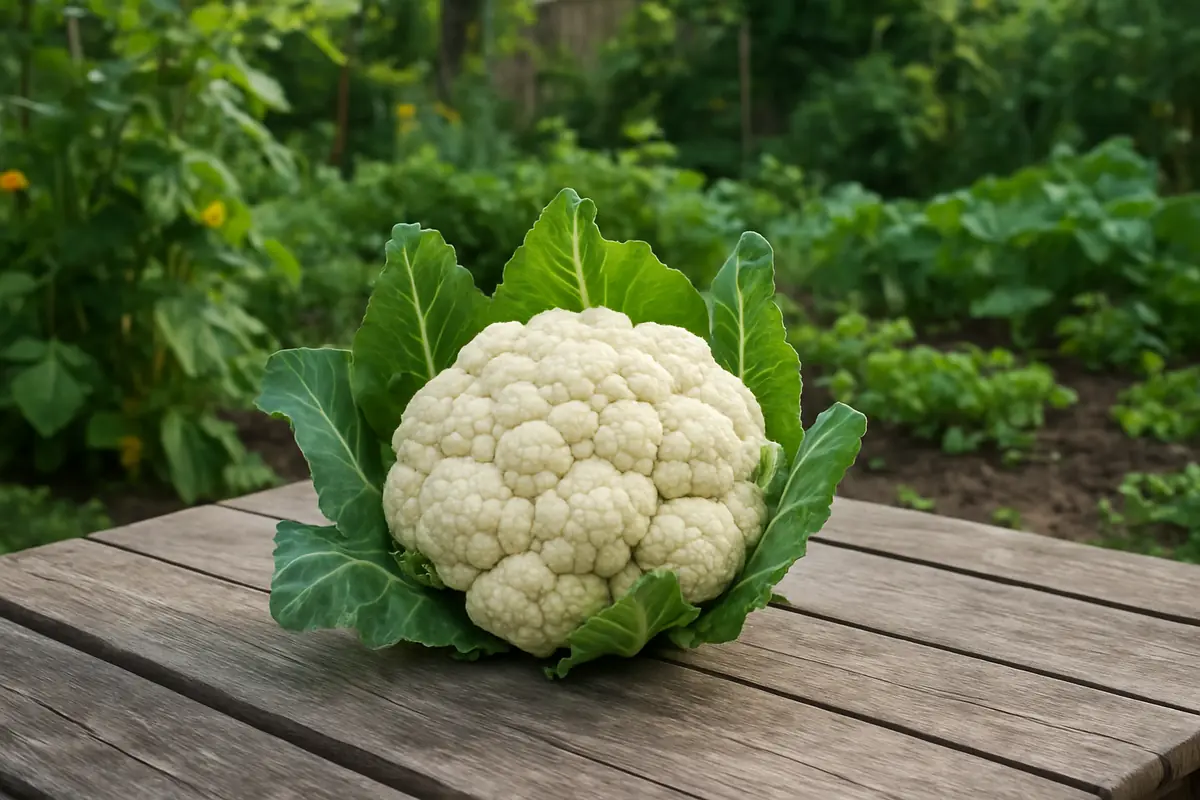A freshly cut white cauliflower head with its leaves on a garden table
