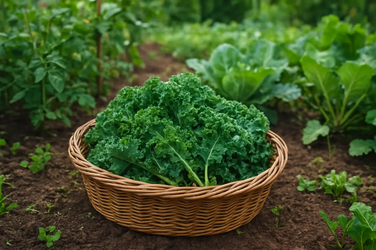 A bundle of freshly cut kale leaves in a basket