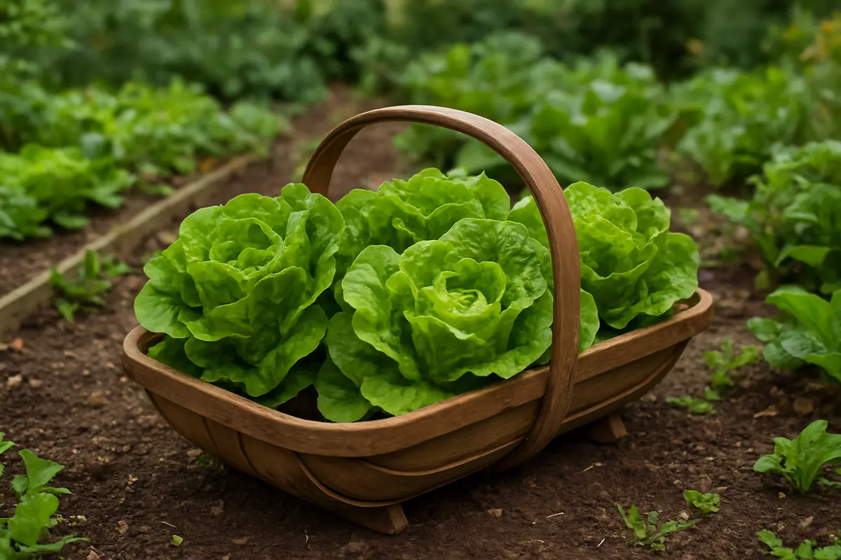 Freshly harvested heads of lettuce in a wooden trug