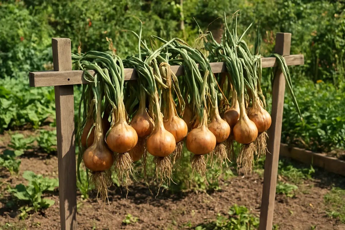 Harvested onions curing on a wooden rack in the sun