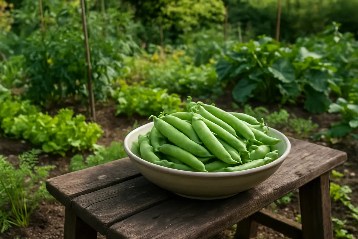 A bowl of freshly picked pea pods on a garden bench