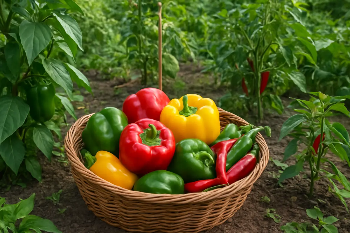 A basket of just-picked bell peppers and chile peppers