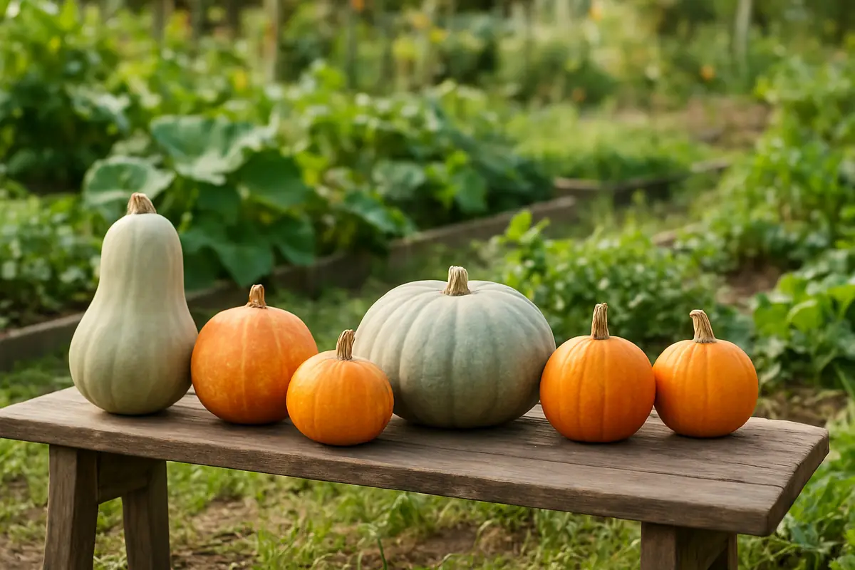 Harvested winter squash and pumpkins lined up on a wooden bench