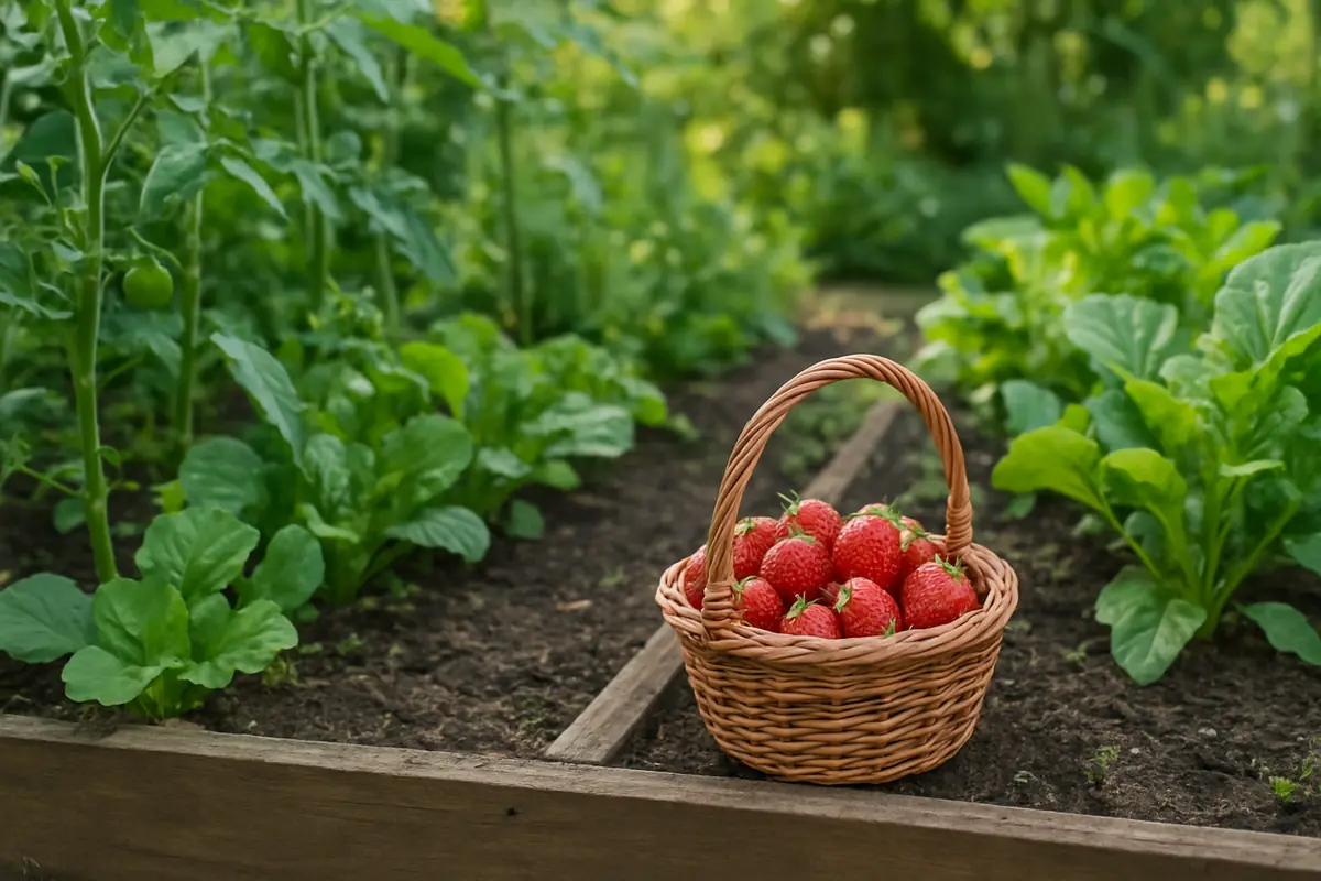 A small basket of freshly picked strawberries on the bed edge