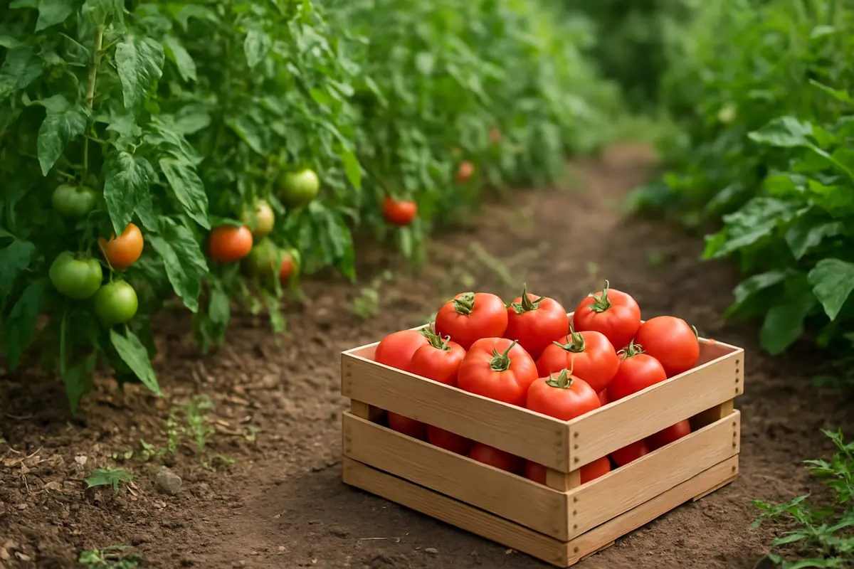 Freshly picked ripe tomatoes in a wooden crate beside the bed
